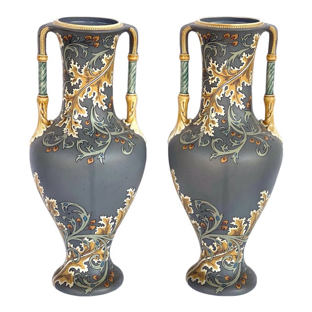 Art Nouveau Mettlach Pottery Vases With Incised Markings on Underside - a Pair For Sale
