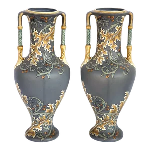 Art Nouveau Mettlach Pottery Vases With Incised Markings on Underside - a Pair