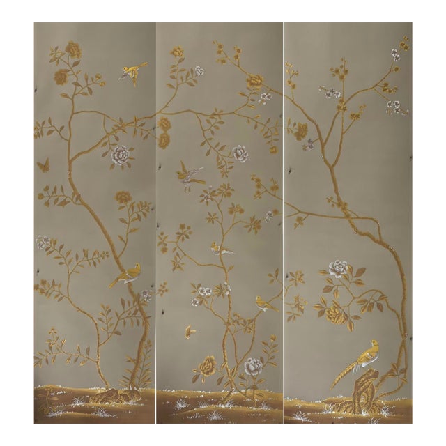 Hand-Painted Gold Chinoiserie Wallpaper Panels – Luxury Botanical Wall Mural, Elegant Bird & Floral Design, 3 Panels 29x96” For Sale