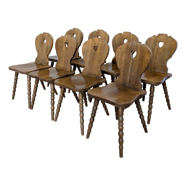 Vintage Tyrolean Farmhouse Heart Cutout Wooden Dining Chairs, 1970s, Set of 8 For Sale