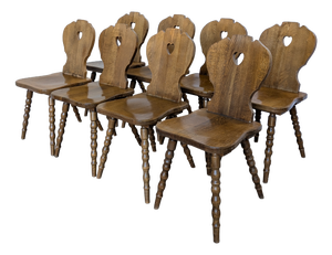 Vintage Tyrolean Farmhouse Heart Cutout Wooden Dining Chairs, 1970s, Set of 8