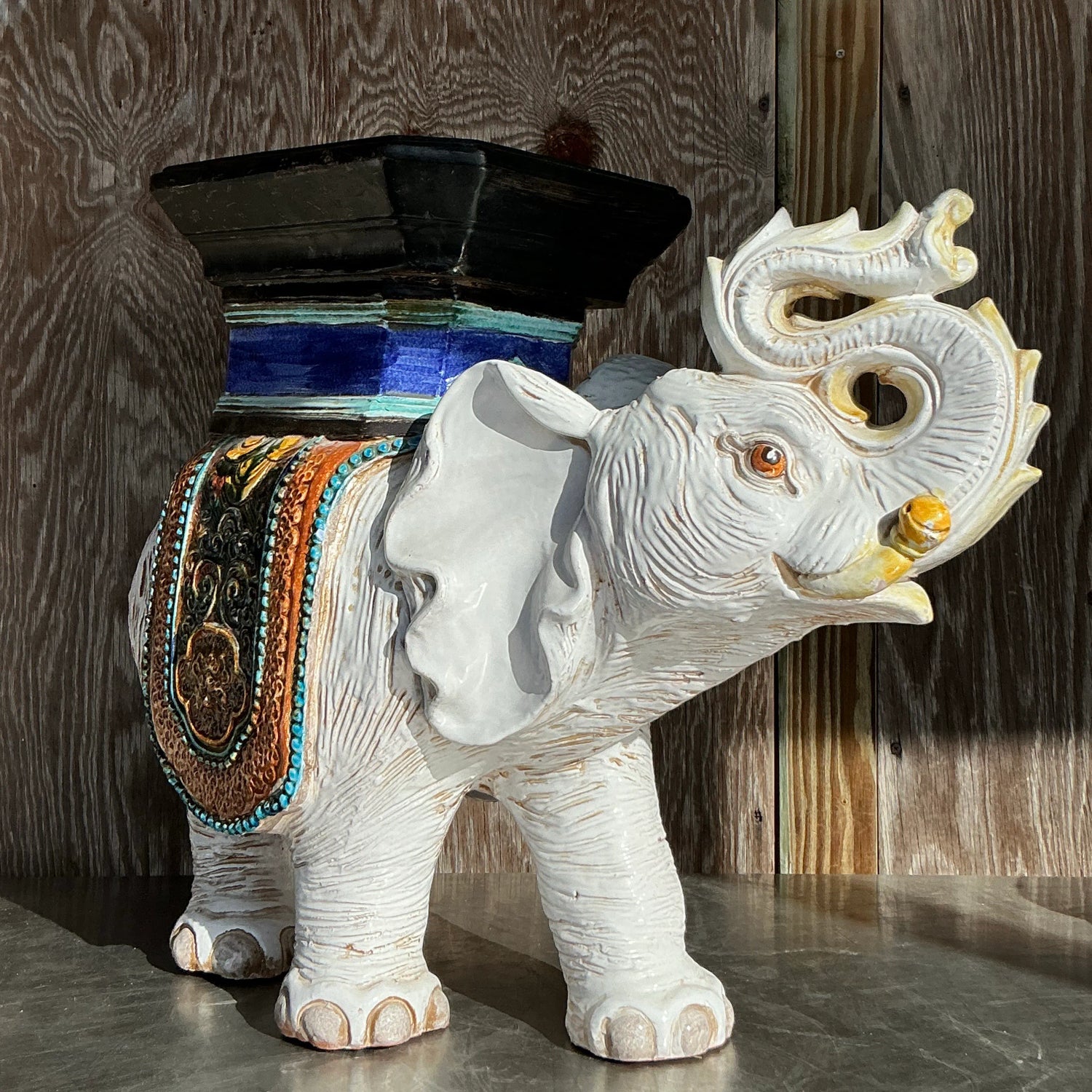 Vintage Boho Glazed Ceramic Elephant Low Stool - Ceramic, 26W x 21.25H — additional photo 6