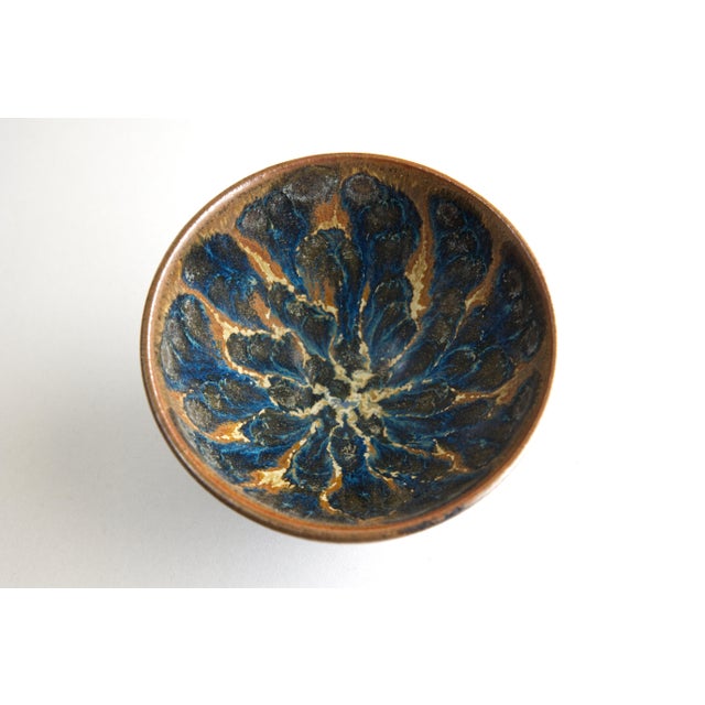 Blue Chinese Temmoku Variant Glaze Tortoiseshell Tea Bowl, Stamped Mark For Sale - Image 8 of 9