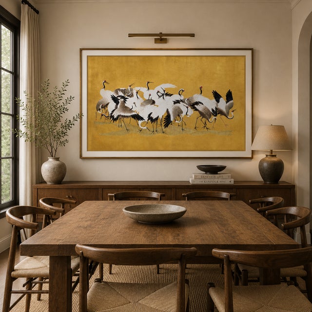 Gold Japanese Flock of Cranes by Ishida Yūtei, Vintage Art Print Reproduction, 30" X 20" For Sale - Image 8 of 9