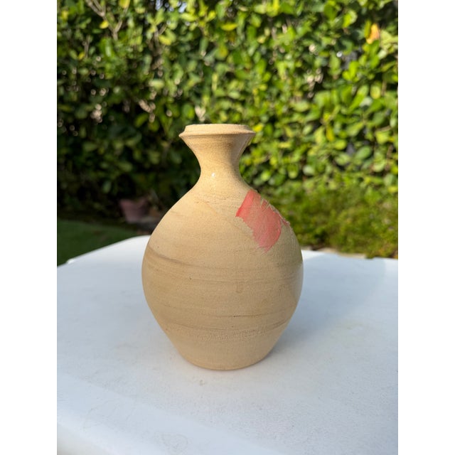 Handcrafted 7” Studio Pottery Bottle Vase With Coral Brushwork, Signed For Sale - Image 4 of 11