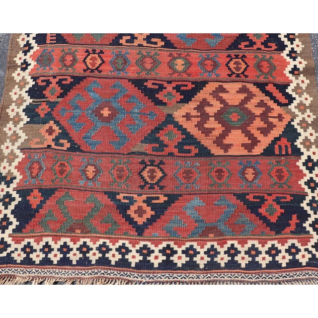 Textile Antique Shahsevan Kilim Gallery Runner With Bold Colorful Geometric Tribal Motifs 4'3 X 14'5 For Sale - Image 7 of 13