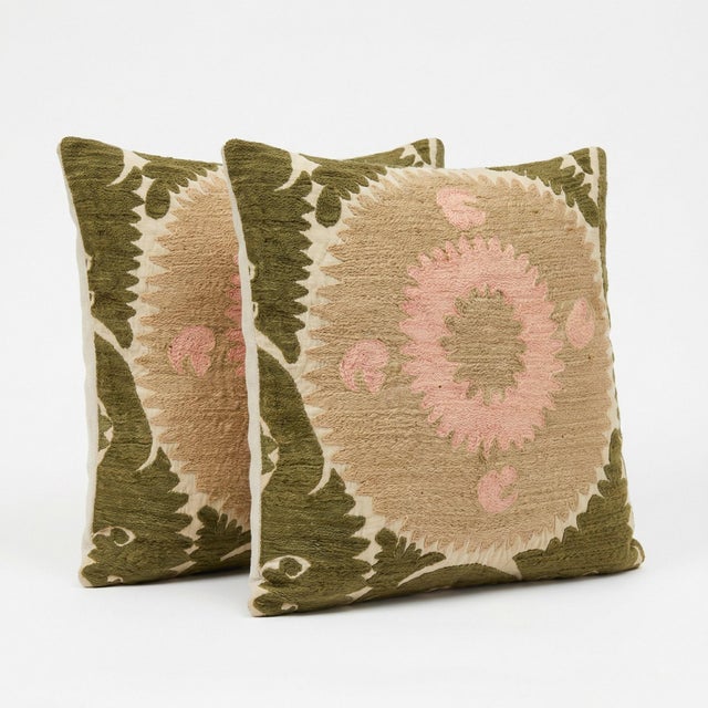 This beautiful 24'' x 25'' & 24'' x 24'' hand-embroidered Suzani pillow cover set was made from authentic Uzbek cotton...