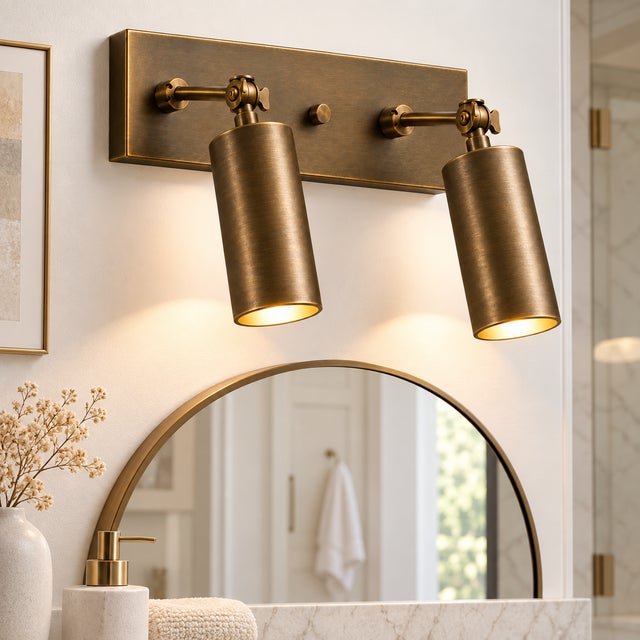 Handcrafted Brass 2-Light Adjustable Wall Sconce With Cylinder Shades, Vanity & Bathroom Light For Sale - Image 4 of 8