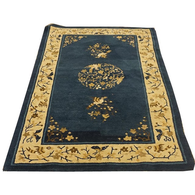 1920s Navy Floral Birds Medallion Antique Chinese Peking Knotted Wool Carpet Rug For Sale In New York - Image 6 of 6