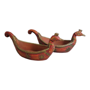 Pair of Carved Wood Red Bird-Form Decorative Bowls With Gilt Detail