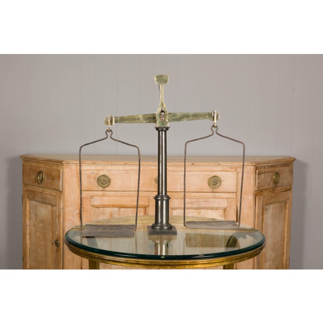 Large French 19th Century Brass and Steel Scale with Weighing Pans and Column For Sale - Image 10 of 12