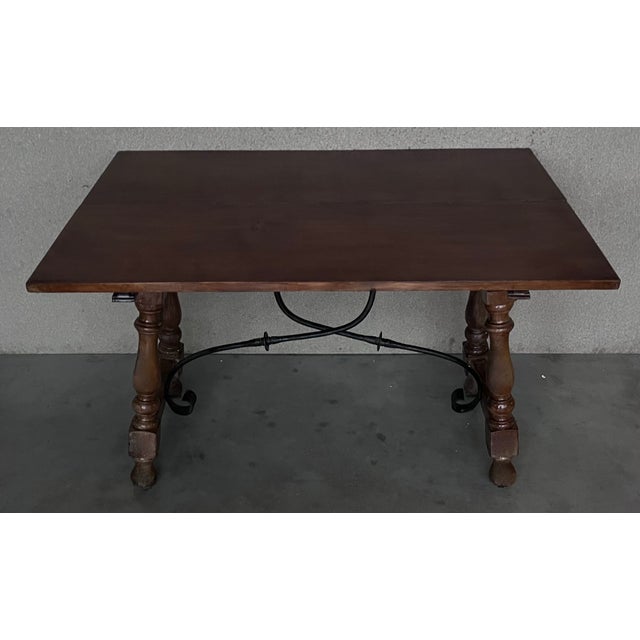 Brown 20th Century Spanish Console Fold Out Farm Table With Iron Stretcher For Sale - Image 8 of 11