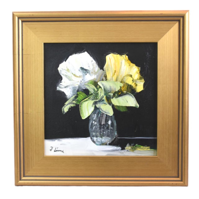 2020s Yellow & White Flowers in Vase Painting Including the Antiqued Gold Wood Frame For Sale - Image 5 of 5