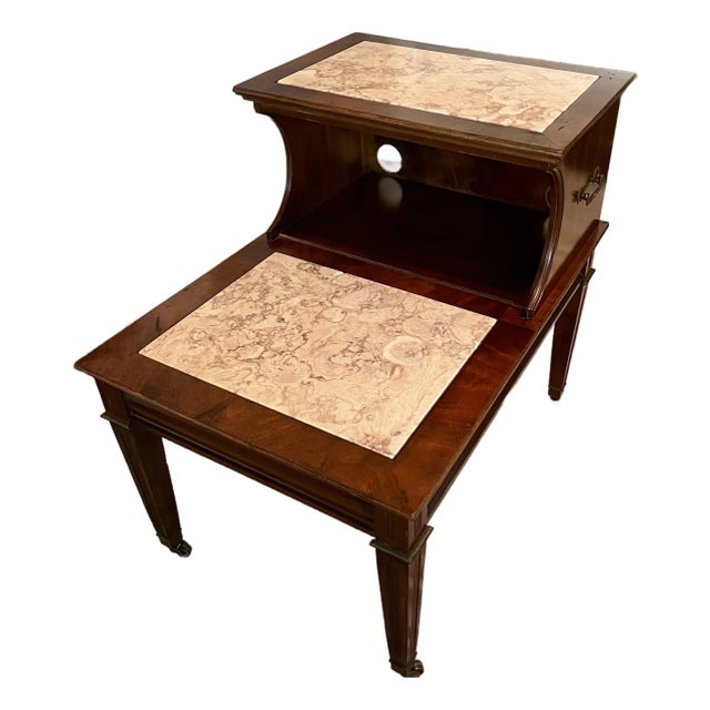 Walnut Two-Tier Table With Marble Inlay - Mid Century For Sale