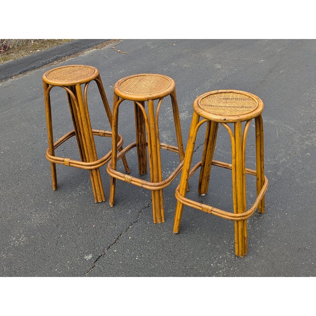 Mid 20th Century Vintage Bohemian Style Bamboo Stools With Rattan Weaving Seat, 3 Pieces For Sale - Image 5 of 8