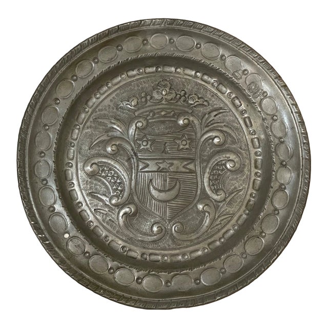 Antique 18th Century Tooled Engraved Handmade Armorial Pewter Plaque Plate Dish For Sale