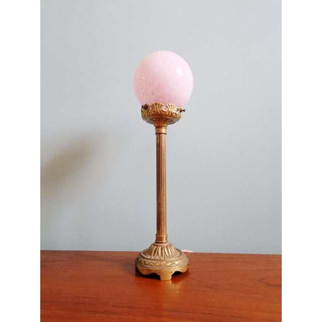 Gilt Bronze Table Lamp with Pink Speckled Glass Globe, Early 20th Century For Sale - Image 6 of 14