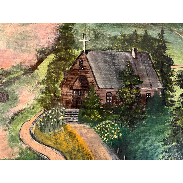 A nice 1990 dramatic oil on canvas board by Nellie Medford “ a church I went to as a child in Thompson Cove”. A very...