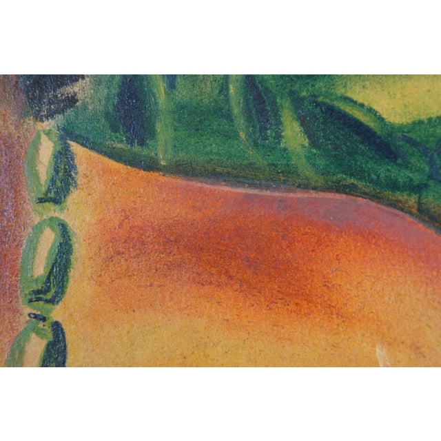 Green Mid 20th Century Monumental Bohemian Tiki Pastel Painting Tropical Nude Mid-Century Modern Faux Bamboo Frame 66" For Sale - Image 8 of 12