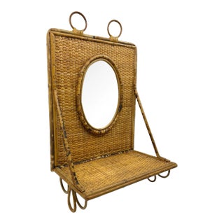 1970s Vintage TortoiseShell Bamboo and Rattan Mirror/ Shelf For Sale