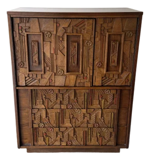 Mid-Century Modern Brutalist Wood Sculpture Cabinet by Lane. Usa, 1970s