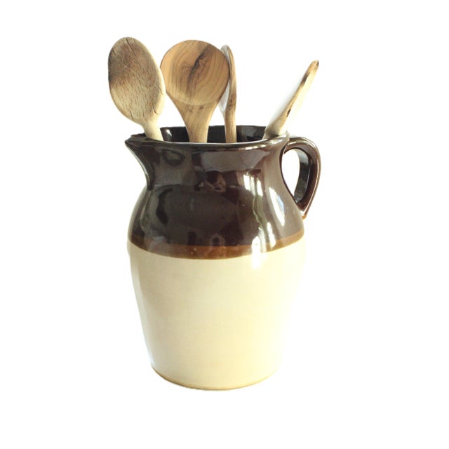 Farmhouse Early 20th Century Stoneware Pitcher/Two Tone/Utensil For Sale - Image 3 of 3