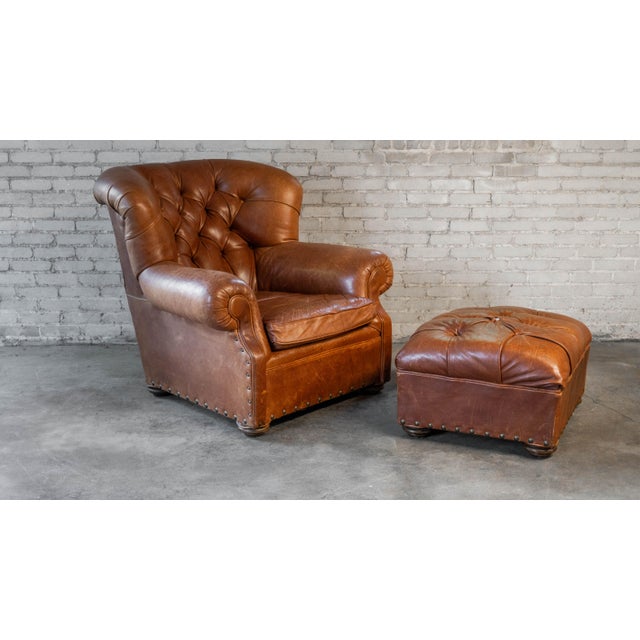 Brown Restoration Hardware Churchill Cigar Leather Luxe Writer's Chair and Ottoman For Sale - Image 8 of 18
