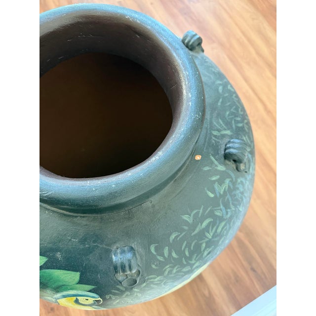 20th Century Hand-Painted Ceramic Urn With Rainforest & Parrot Motif For Sale - Image 9 of 15