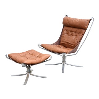 Danish Modern Sigurd Ressell Falcon Chrome & Leather Chair and Ottoman Set For Sale