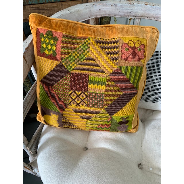Arts & Crafts Vintage Handmade Bargello Needlepoint Embroidered Decor Pillow 14” X 14” Wool Yarn Back to Velvet Mustard Green Bronze For Sale - Image 3 of 12