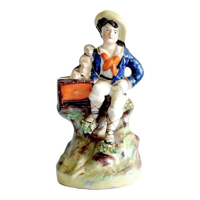 Antique Mid-19th-Century Staffordshire Figurine of a Boy, Monkey, and Organ Grinder For Sale