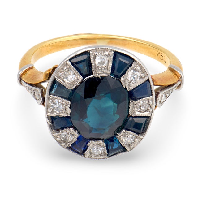 Traditional 1910s Edwardian Sapphire Diamond 18k Yellow Gold Platinum Ring, , Size 3.25 For Sale - Image 3 of 6
