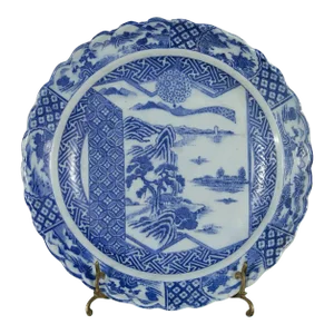 Japanese 19th Century Blue and White Porcelain Plate with Landscapes and Flowers