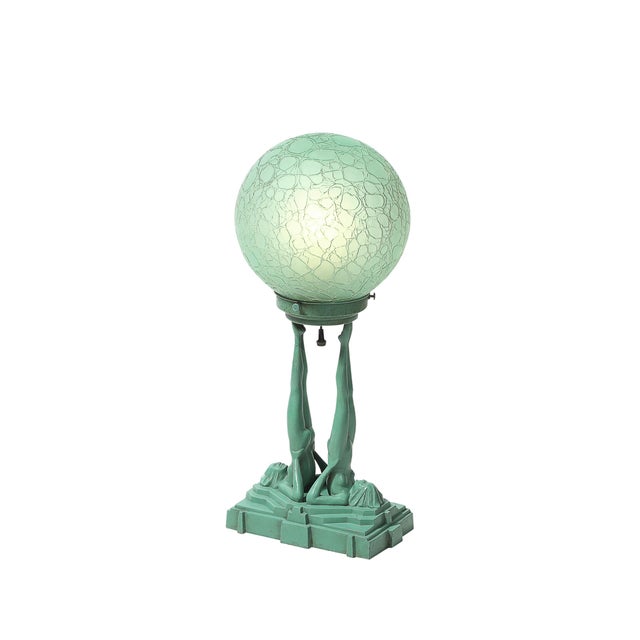 Art Deco Frankarts #L220 Turquoise Figurative Green Craqueleur Glass Table Lamp For Sale - Image 18 of 18
