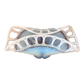 Vintage Murano Style Blue Opaline Art Glass Openwork Centerpiece Bowl For Sale