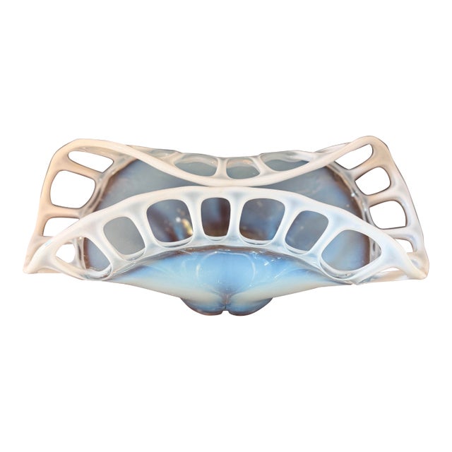 Vintage Murano Style Blue Opaline Art Glass Openwork Centerpiece Bowl For Sale
