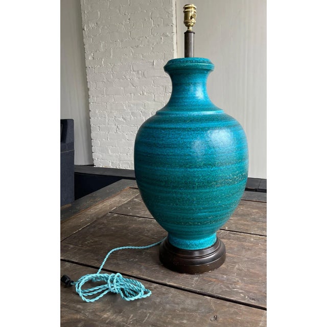Large Vintage Mid Century Modern Blue/Turquoise Glaze Ceramic Table Lamp Monumental Table Lamp 32" From base to top of...