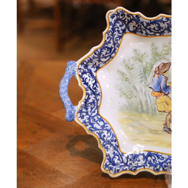 19th Century French Porquier-Beau Quimper Faience Tray Platter With Handles For Sale - Image 4 of 11