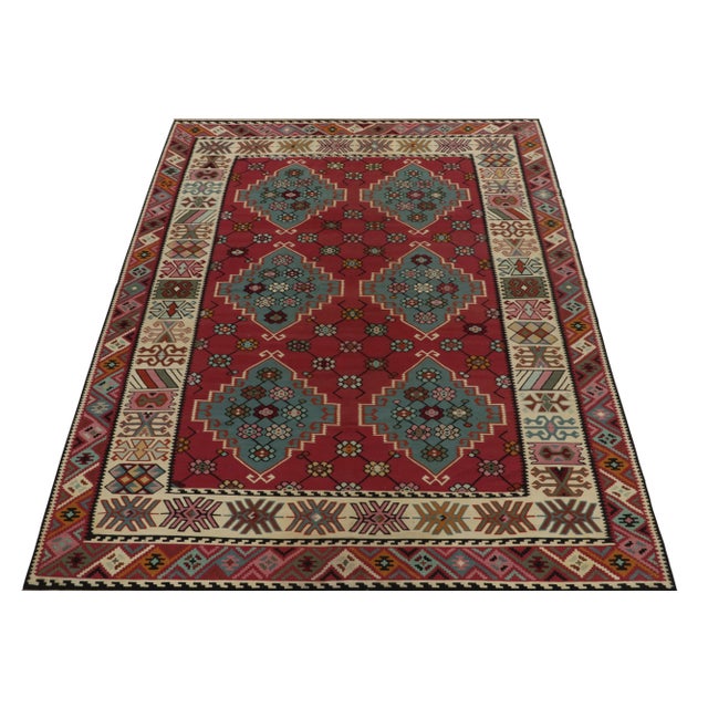 Tribal Antique Persian Kilim Rug in Burgundy & Blue Geometric Pattern For Sale - Image 3 of 8