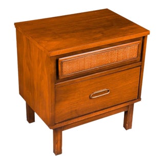 1970s Mid Century Cane Walnut Brass Nightstand For Sale