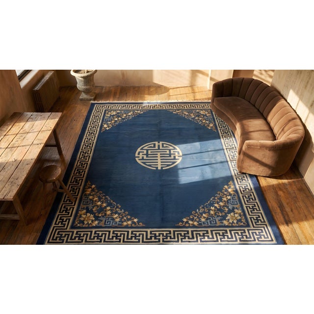 Antique Chinese Peking Rug & Royal Blue Background Color Floral-Medallion Design For Sale - Image 9 of 10