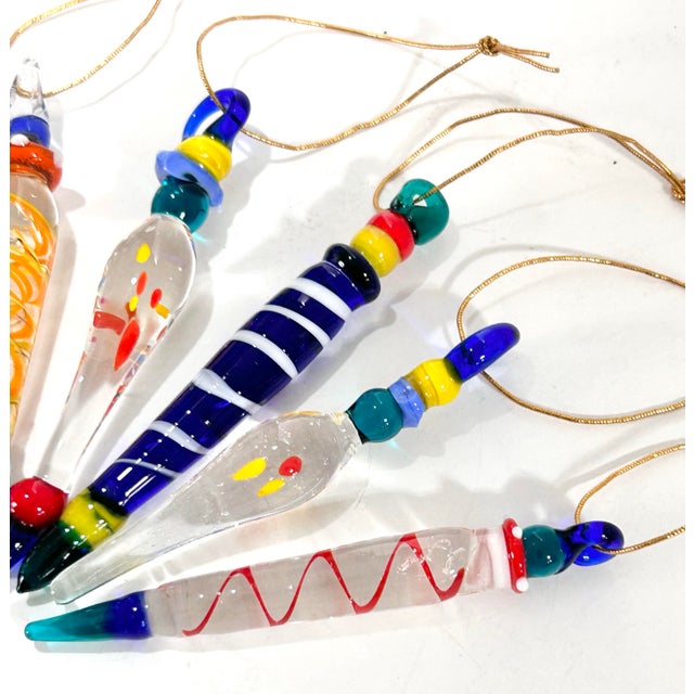Pop Art Vintage Handblown Art Glass Icicle Christmas Ornaments, Multicolor Set of 6 For Sale - Image 3 of 8