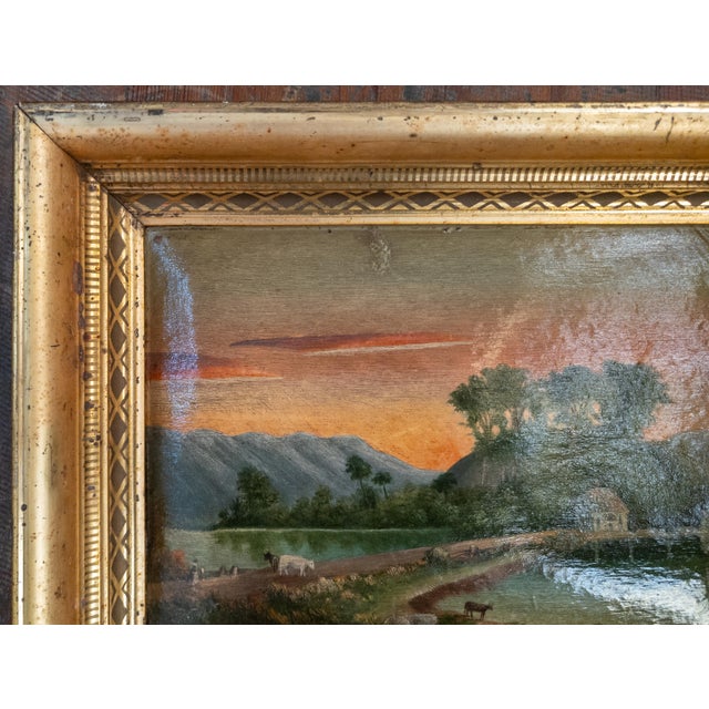American 19th Century Luminist Folk Art Landscape Painting With Sunset For Sale - Image 3 of 17