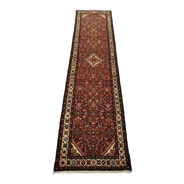 Hamedan Runner 2’4” X 9’7” Red Wool Vintage Tribal Hand-Knotted Rug For Sale