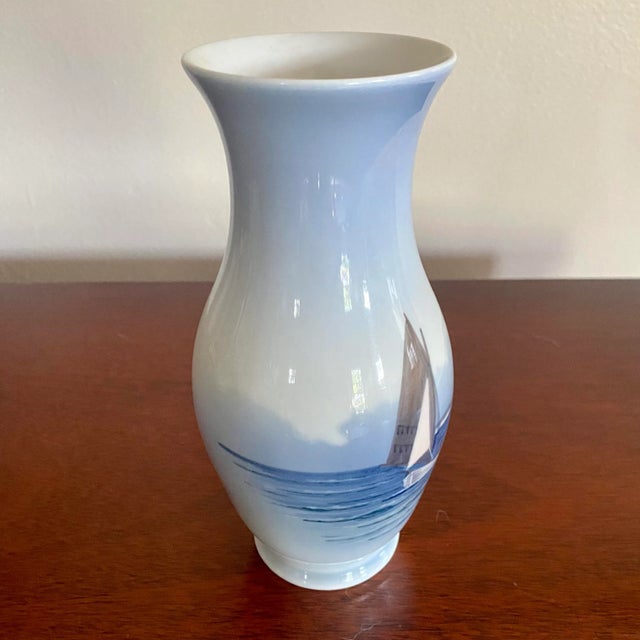 Mid-Century Modern 1960s Royal Copenhagen Denmark Hand Painted Sailboat Nautical Vase For Sale - Image 3 of 6