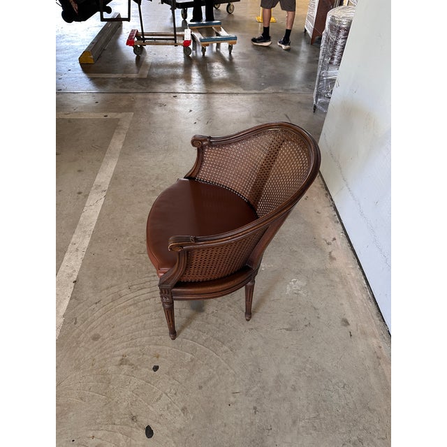 Early 20th Century French Louis XVI Style Cane-Back Chair With Fluted Legs and Brown Leather Seat For Sale - Image 5 of 6