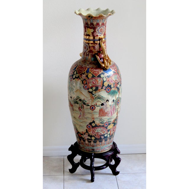 Monumental 50.5" Chinese Export Royal Satsuma-Style Palace Floor Vase With Wooden Stand For Sale - Image 13 of 18