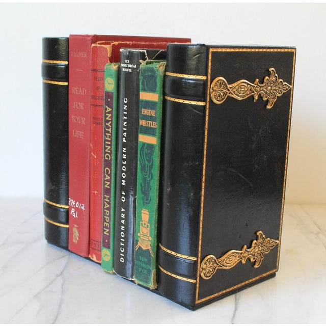 Vintage Black and Gold Leather Faux Book Bookends - A Pair For Sale - Image 4 of 11