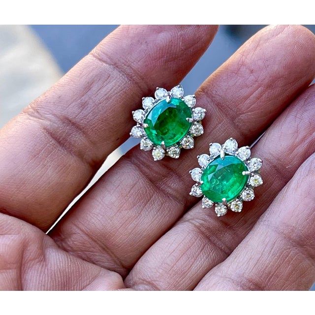8 Ct Oval Colombian Emerald & 2.5 Ct Diamond Post Back Earrings 18 Kt White Gold For Sale - Image 4 of 18