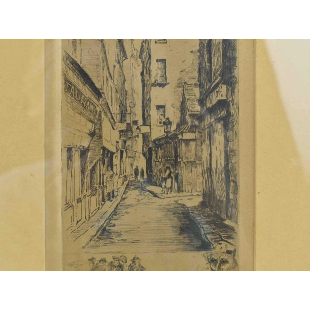 Mid-Century Modern Early 20th Century White and Black European Street Scene Sketch Style Etching Print Paul Jeffrey For Sale - Image 3 of 5
